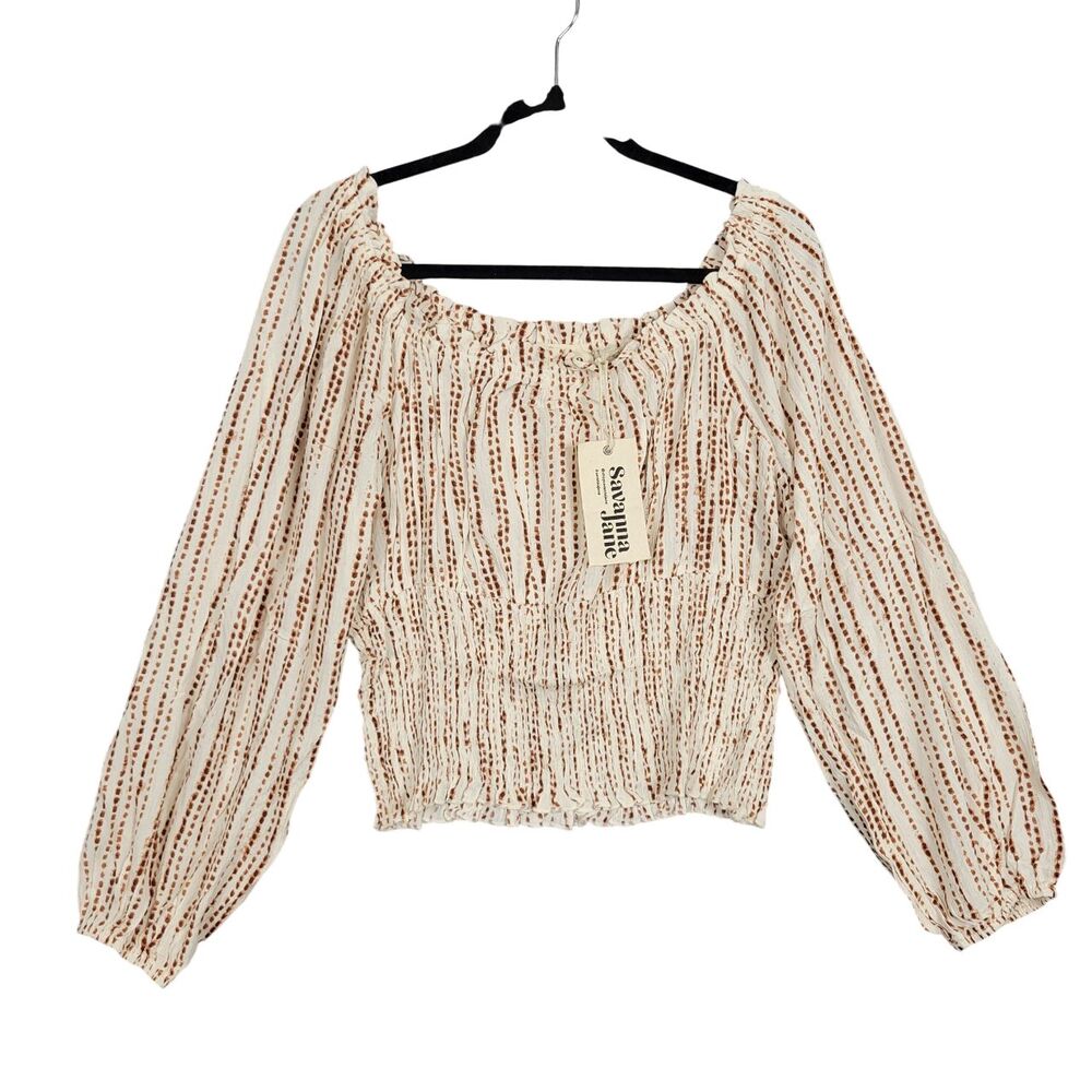 SAVANNA JANE Cream Brown Striped Bohemian Smocked Crop Top Artsy SIZE LARGE